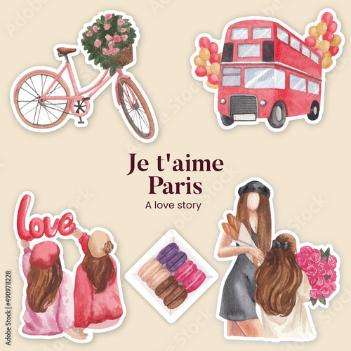 Sticker template with Eifel in Paris lover concept,watercolor style