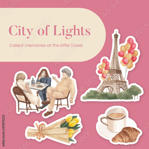 Sticker template with Eifel in Paris lover concept,watercolor style