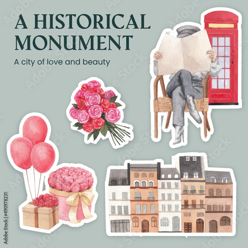 Sticker template with Eifel in Paris lover concept,watercolor style