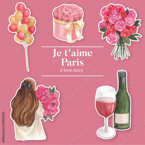 Sticker template with Eifel in Paris lover concept,watercolor style