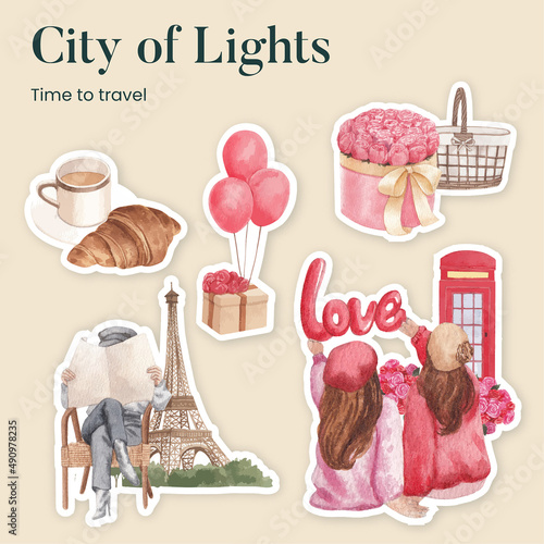 Sticker template with Eifel in Paris lover concept,watercolor style