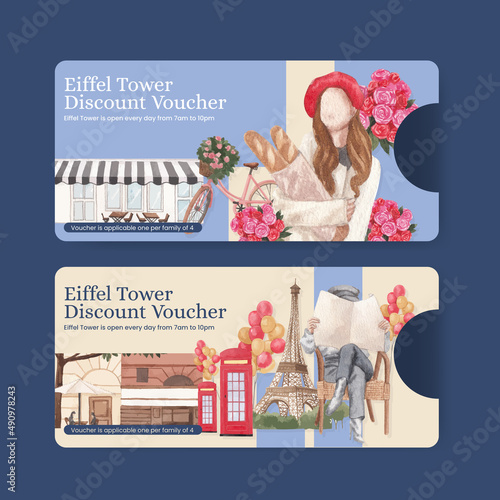 Voucher template with Eifel in Paris lover concept,watercolor style
