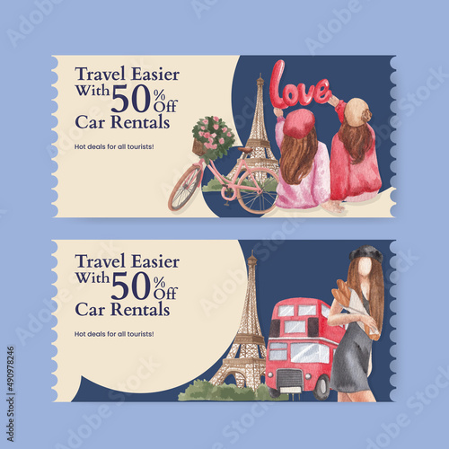 Voucher template with Eifel in Paris lover concept,watercolor style