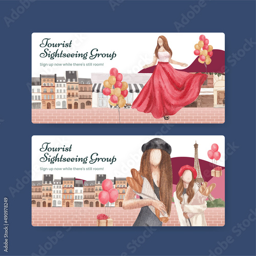 Voucher template with Eifel in Paris lover concept,watercolor style