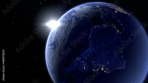 宇宙から見た地球の南アメリカの夜景の3Dレンダリング