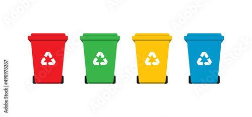 Flat vector illustration set of trash can with four type red, green, yellow, and blue color. Garbage recycle management to reduce waste. 