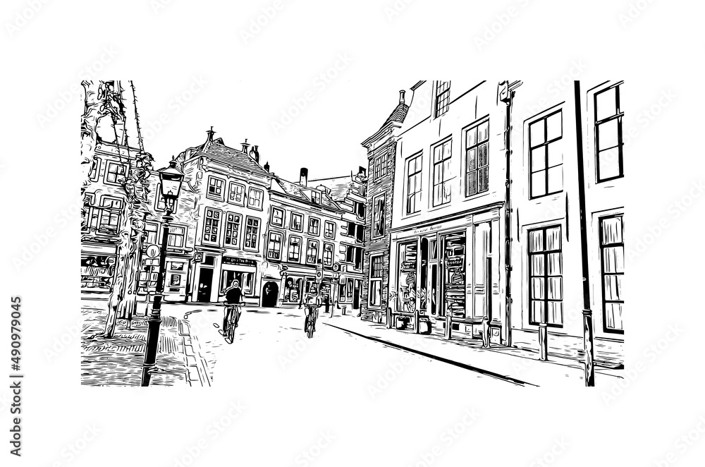 Building view with landmark of Middelburg is the 
city in the Netherlands. Hand drawn sketch illustration in vector.