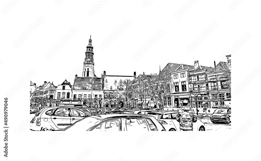 Fototapeta premium Building view with landmark of Middelburg is the city in the Netherlands. Hand drawn sketch illustration in vector.