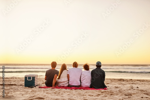We appreciate friendship as much as we appreciate nature. Rearview shot of a group of friends watching the sunset on the beach. © Lyndon Stratford/peopleimages.com