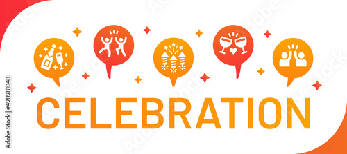 Celebration vector banner. Containing wine drink, dance, firework and friendship icon.
