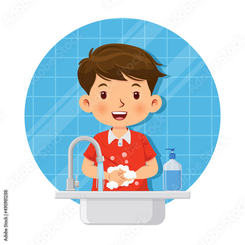 Cute little boy wash his hands in the sink with soap for cleanliness and healthcare. Health care concept. Vector illustration photo