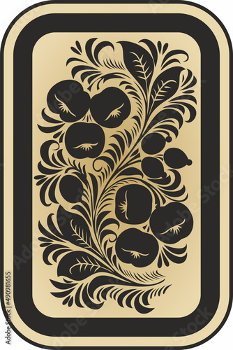 Vector Russian national ornament Khokhloma. Golden tray, plate with fruit and berry pattern in a frame.
