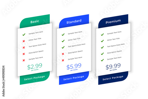 website or app price comparison table business template