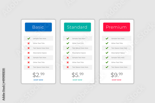 web app pricing comparison table template