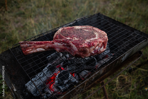 Vegetables and meat on the grill on hot coals with smoke