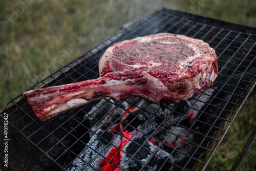 Vegetables and meat on the grill on hot coals with smoke