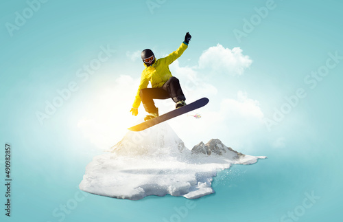 Snowboarder and Alps landscape