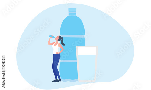 Healthy woman drinking water from plastic bottle vector illustration. Healthy lifestyle concept