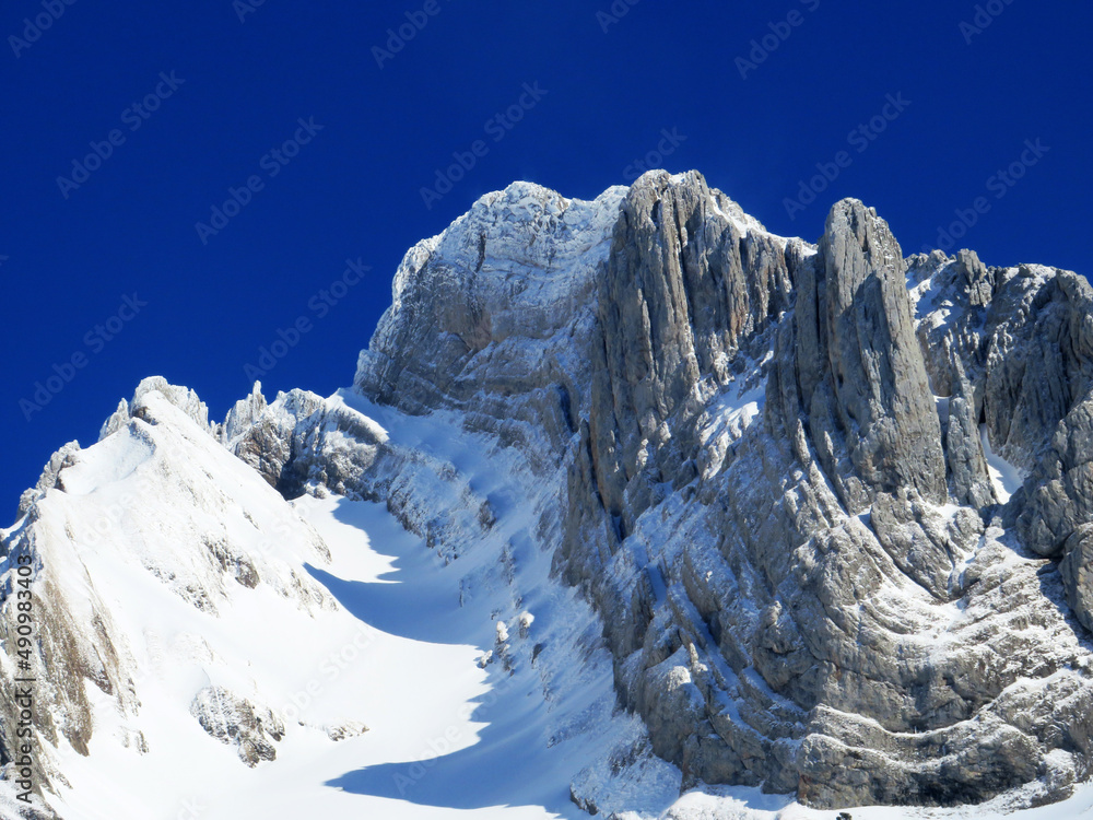 White blanket on alpine peak Wildhuser Schofberg (or Wildhuser Schafberg, 2373 m) in Alpstein mountain range and in Appenzell Alps massif, Unterwasser - Canton of St. Gallen, Switzerland (Schweiz) - obrazy, fototapety, plakaty 