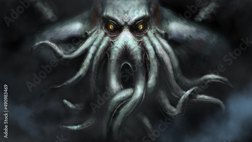 Photo Ancient giant sea monster Cthulhu, many tentacles on the muzzle, eyes glow with green light