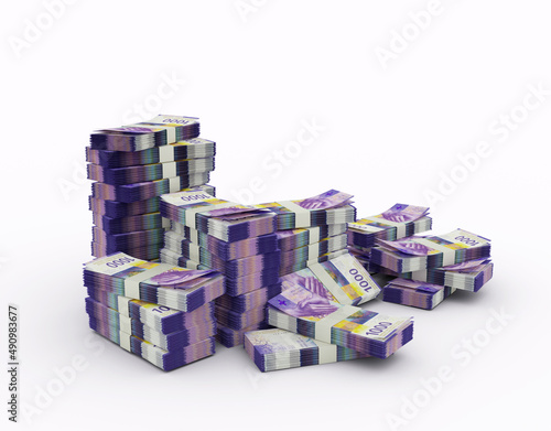 Stack of Swiss franc notes. 3d rendering of bundles of money isolated on white background