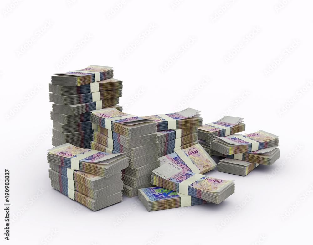Stack of West African CFA franc notes. 3d rendering of bundles of money isolated on white background Stack of West African CFA franc notes. 3d rendering of bundles of money isolated on white background