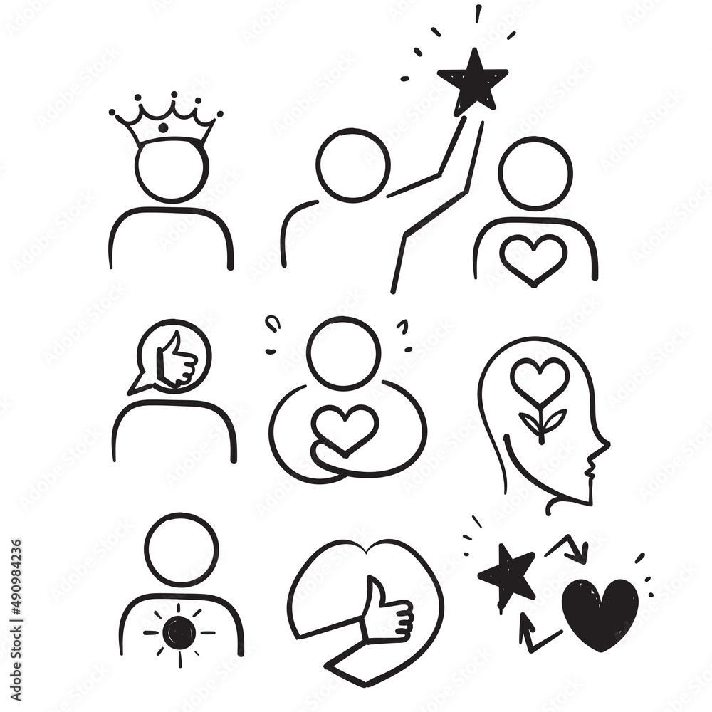 hand drawn doodle Line Icons Related to self respect and love illustration vector hand drawn doodle Line Icons Related to self respect and love illustration vector