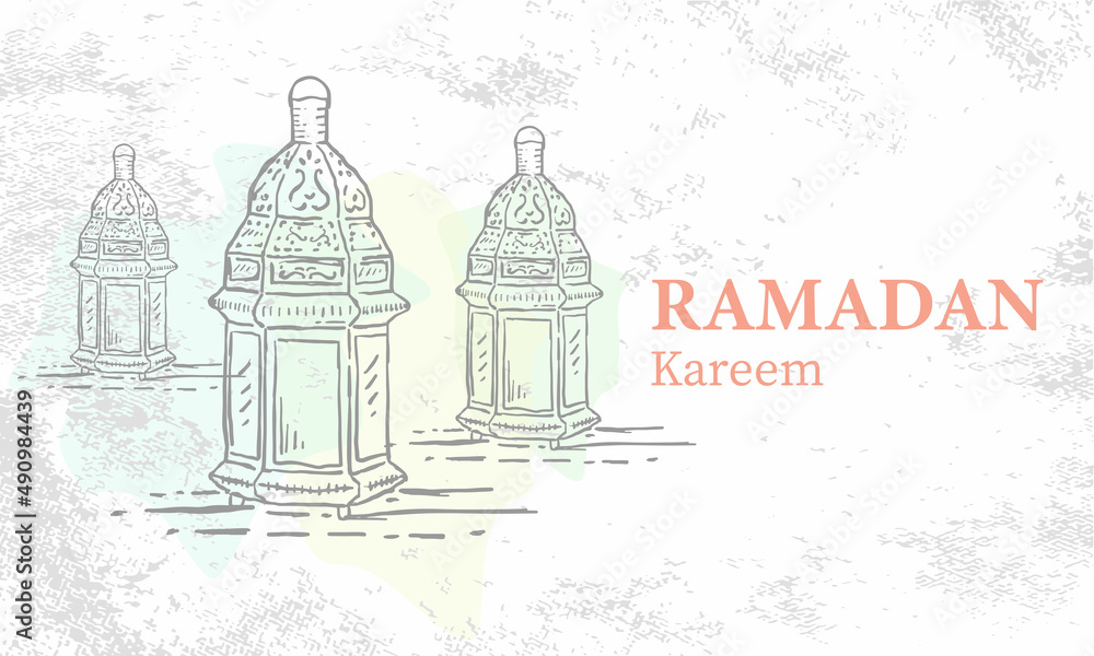 Hand drawn Sketch of Ramadan Lantern with grunge Background. Vector Illustration - Vector