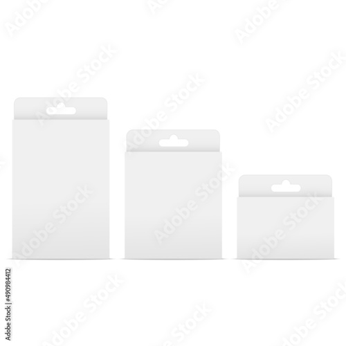 White blank box mockup with hanging tab. Vector