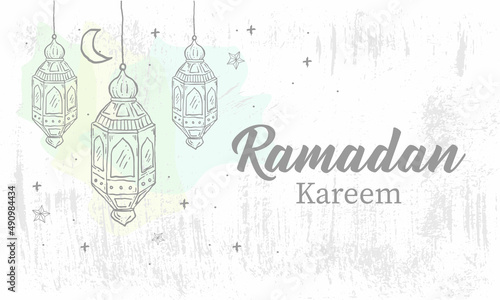 Hand drawn Sketch of Ramadan Lantern with grunge Background. Vector Illustration - Vector