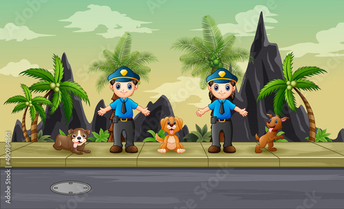 Cartoon police man and woman with bloodhound on highway illustration