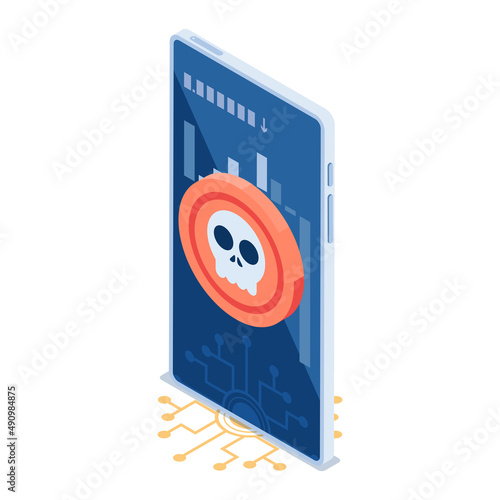 Isometric Rug Pull Cryptocurrency Coin with Skull Symbol on Smartphone