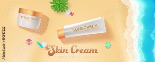 Jar and tube of cosmetic cream on tropical beach. Beach scene.