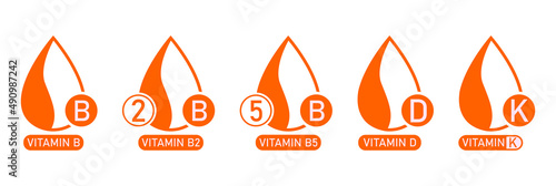 vitamin b, vitamin b2, b5, vitamin d, vitamin k supplement, drop, logo, icon set vector illustration 