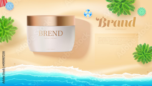 Ad of jar of cosmetic cream on tropical beach. Beach scene.