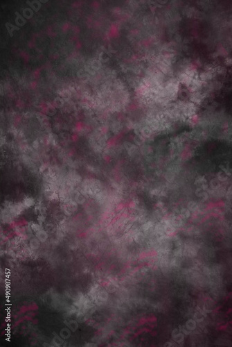 Canvas cloth or muslin photography studio background or backdrop. Classic painted strokes technique   dark black   brown with cranberry or magenta accent strokes