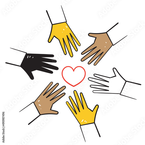 hand drawn doodle hand holding love together symbol for diversity illustration