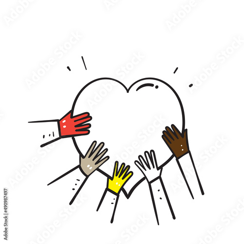 hand drawn doodle hand holding love together symbol for diversity illustration