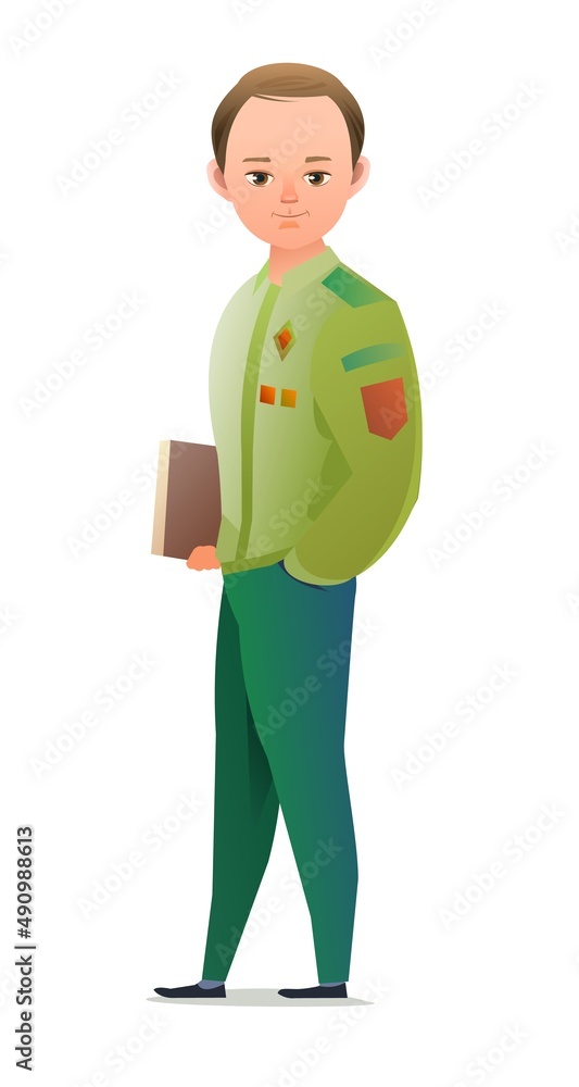 Pretty little boy in scout uniform with badges. Cheerful guy. Standing pose. Cartoon flat design in comic style. Single character. Illustration isolated on white background. Vector Pretty little boy in scout uniform with badges. Cheerful guy. Standing pose. Cartoon flat design in comic style. Single character. Illustration isolated on white background. Vector