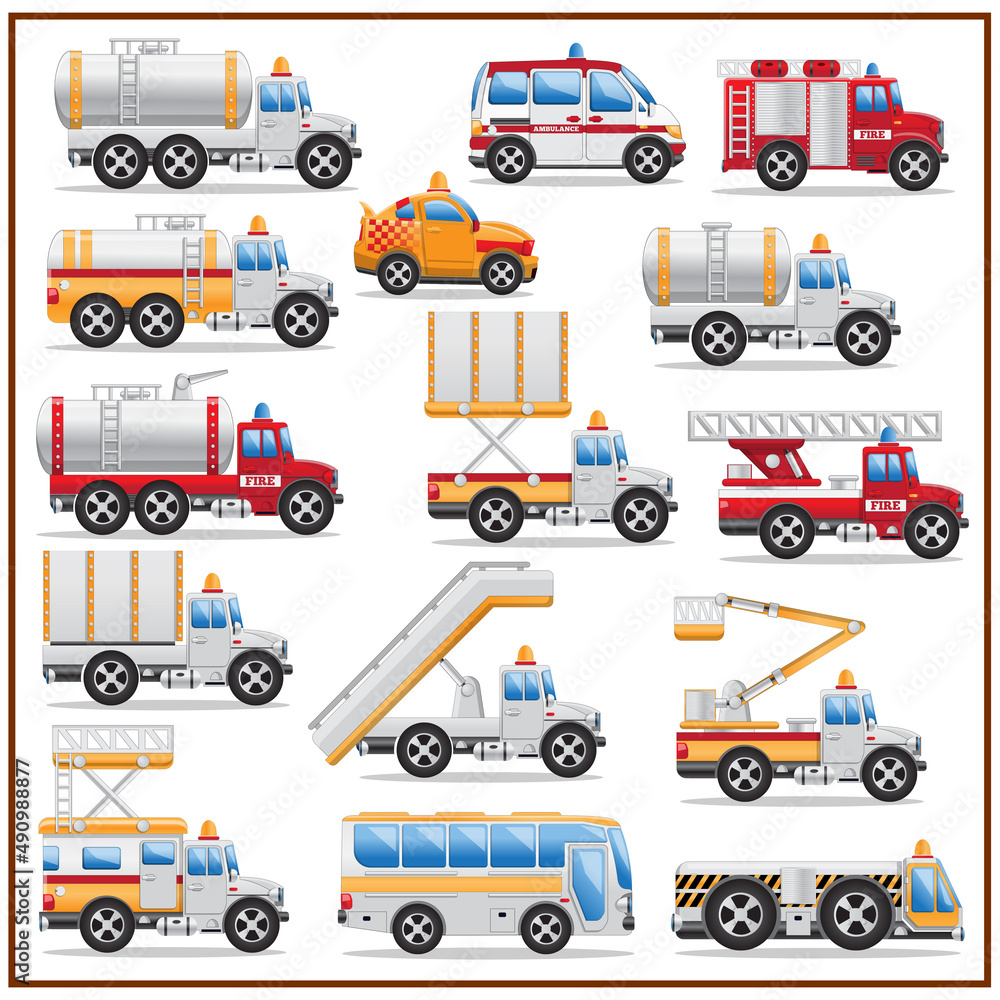 Set of cars for the airfield. Side view. Isolated on white background. Vector illustration. Set of cars for the airfield. Side view. Isolated on white background. Vector illustration.