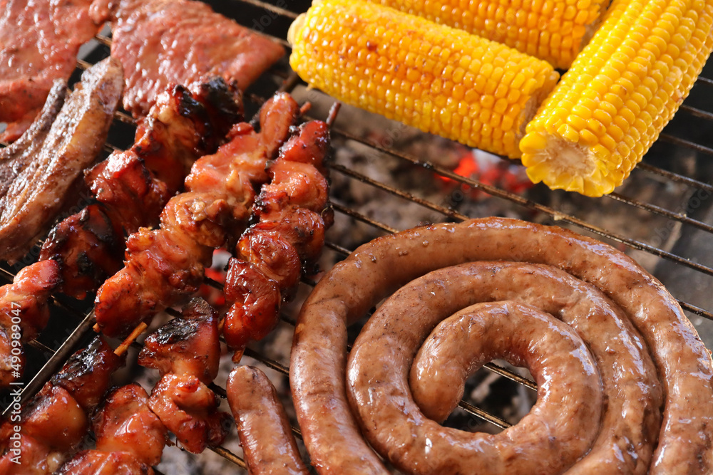 South African braai with boerewors lamb chops, mielies and chicken kebabs 