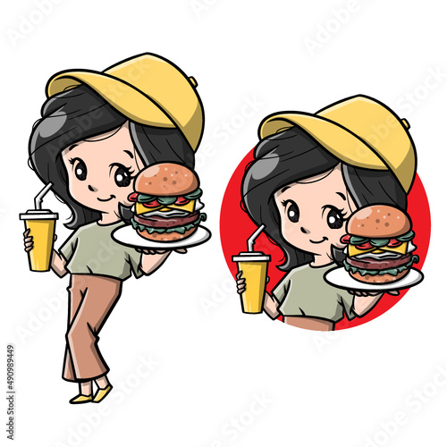 Cute Girl with Burger Cartoon Vector Illustration