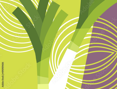 Abstract vegetable design in flat cut out style. Leeks silhouette and cross section. Vector illustration.