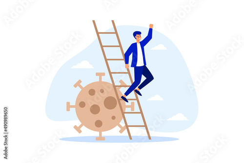 Business vision new normal after Coronavirus COVID-19 pandemic causing financial crisis and economy recession concept, businessman leader holding telescope on top of ladder above Coronavirus pathogen