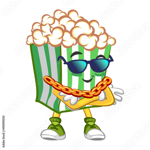 Cute popcorn character with sunglasses and gold chain. Vector hand drawn cartoon kawaii mascot illustration icon. Isolated on white background. Popcorn character concept