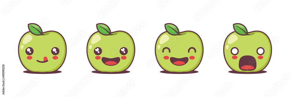 Obraz premium green apple cartoon illustration, with different facial expressions