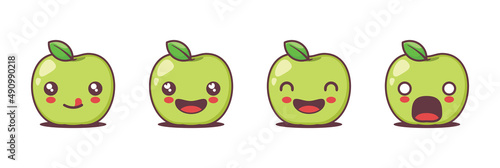 green apple cartoon illustration, with different facial expressions