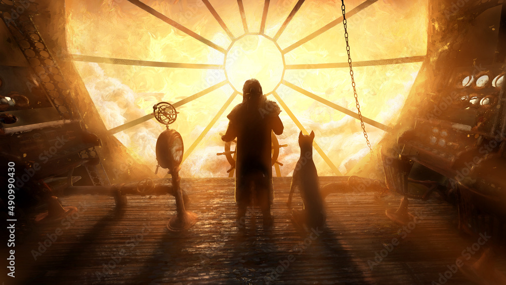 Φωτογραφία The silhouette of a man driving a steampunk airship sailing through the sunset sky to a bright yellow light in the clouds, he stands on the deck with a faithful dog Doberman