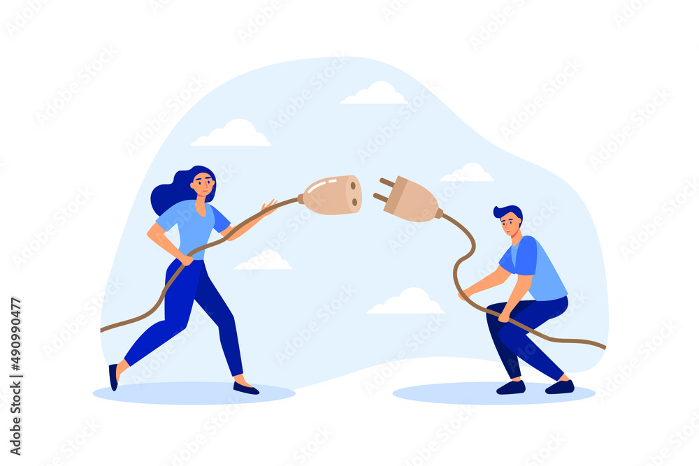 Ταπετσαρία Disconnected business, broken communication, 404 or disconnect from social media distraction or monitor screen, young man and young adult woman pull electric socket plug to disconnect from internet