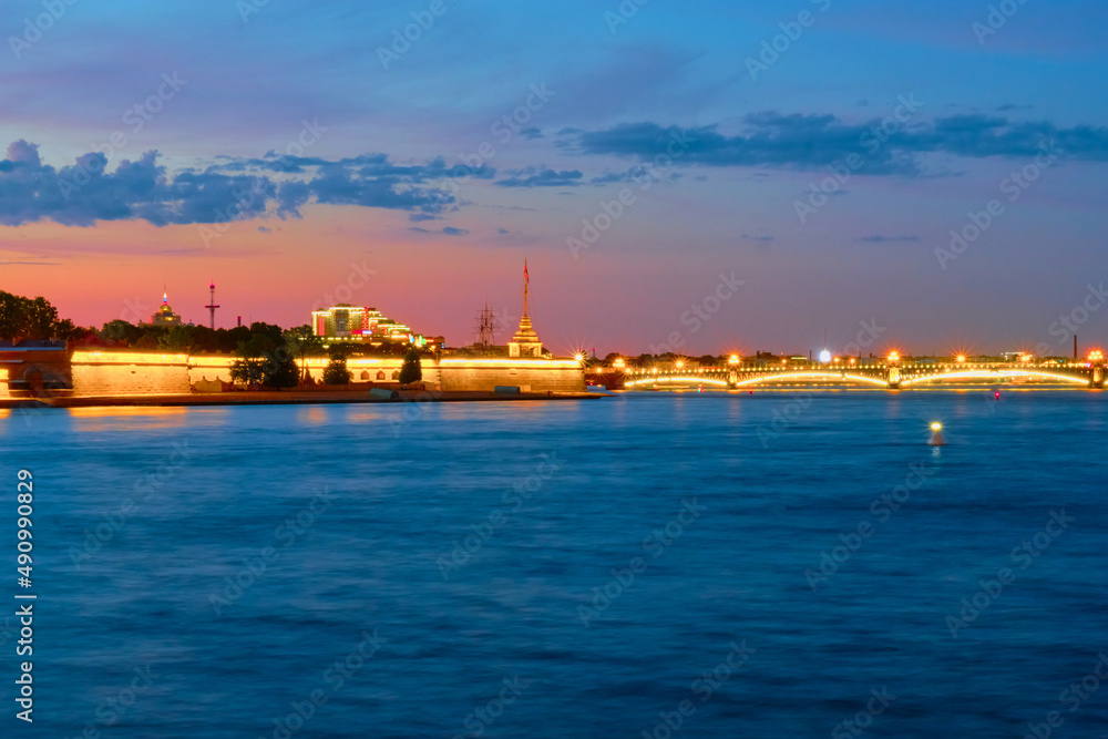 Peter and Paul Fortress, Neva River and Trinity Bridge in St. Petersburg during the White Night, Russia.
